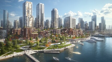 Fototapeta premium Panoramic view of a modern cityscape with high-rises, green spaces, and a bustling harbor.