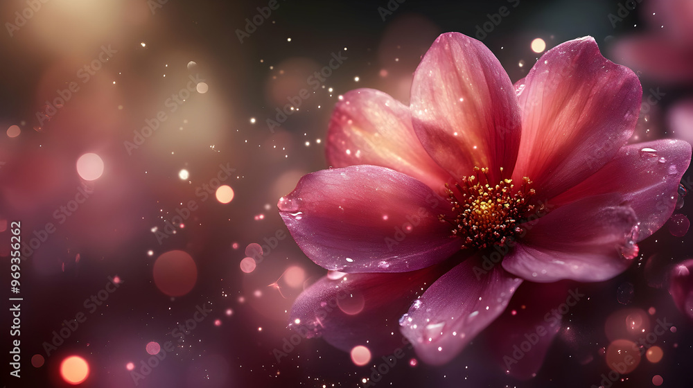 Poster a close-up of a pink flower with a dreamy background of soft lights and bokeh effects.