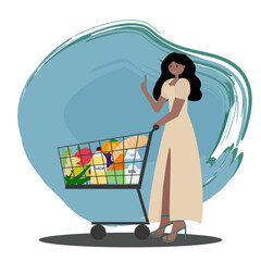 Dark-skinned girl in light dress pushing cart with groceries while shopping. Vector flat style illustration. For use in grocery store promotions, health and wellness blogs and online shopping guides