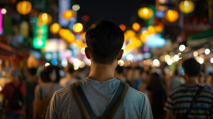 Fototapeta premium A man stands at the forefront of a vibrant nighttime market, filled with colorful lanterns and lively crowds. urban exploration and cultural vibrancy, perfect for travel and lifestyle content.