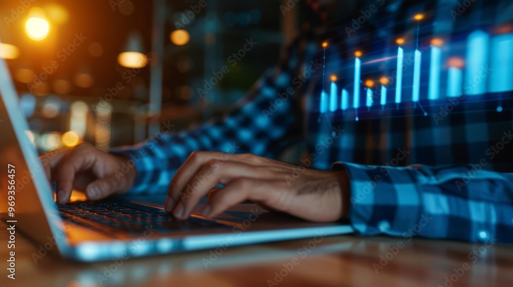 Poster man working on laptop with financial data chart overlay.
