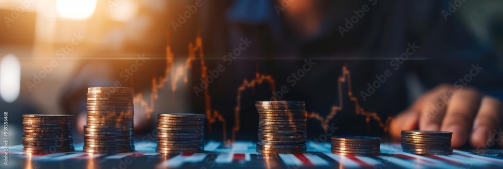 Poster close-up of stacked coins with a blurred background of a hand counting coins and a graph.