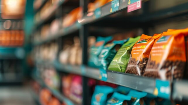 A close-up of a grocery store shelf filled with various bags of snacks.  The colorful packaging is eye-catching and appealing.
