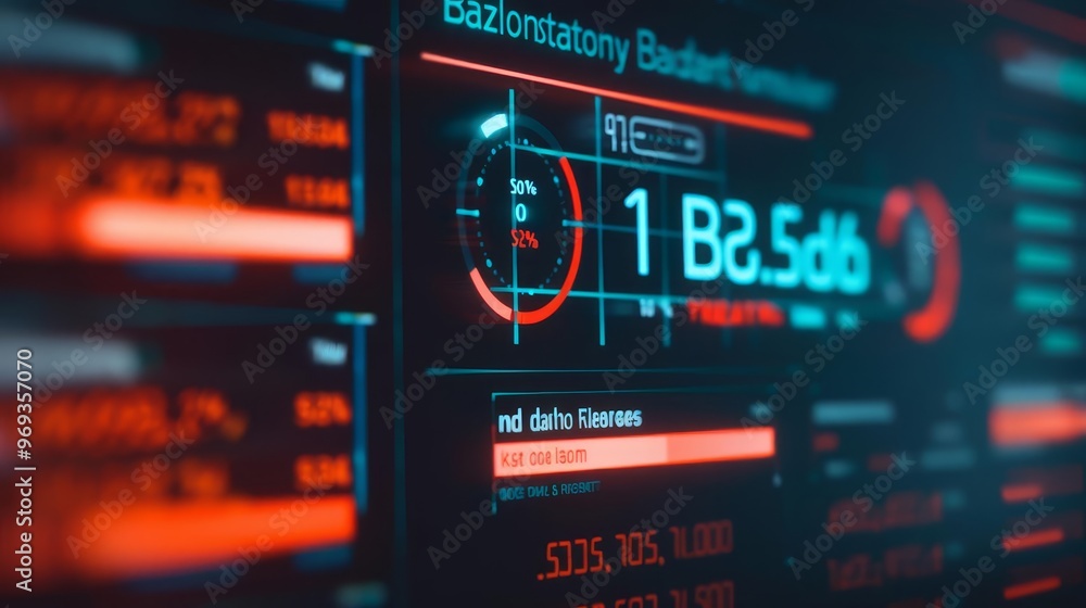 Poster futuristic digital display with red and blue data indicators.