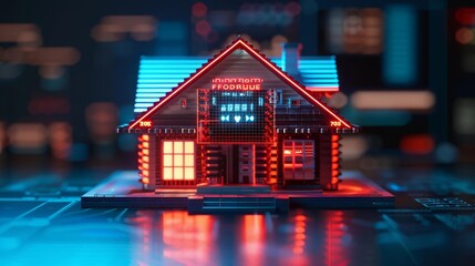 A futuristic home model with glowing lights on a circuit board.
