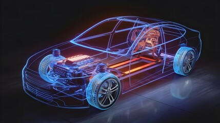 Electric Car Engine Interior Wireframe   D Rendering  Blue And Orange