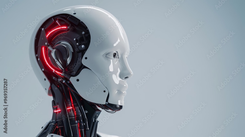 Poster close-up profile of a futuristic robotic head with glowing red circuits.