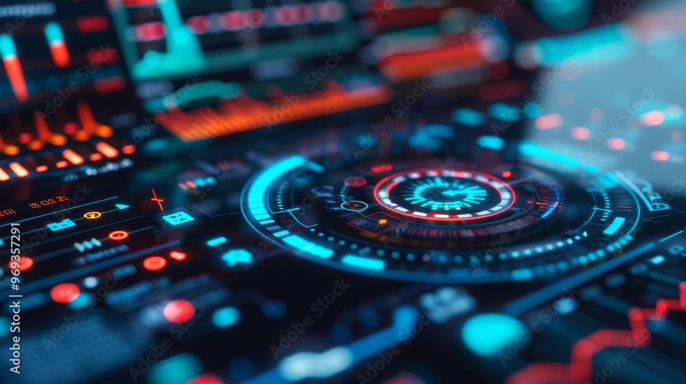 Poster closeup of a futuristic technology interface with glowing lights and buttons.