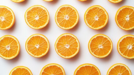 Obraz premium Sliced oranges arranged in a neat pattern on a white surface, showcasing their bright color and juicy texture.