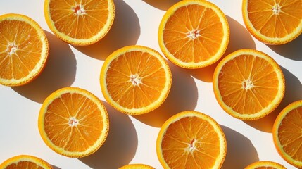 Sliced oranges arranged in a neat pattern on a white surface, showcasing their bright color and juicy texture.