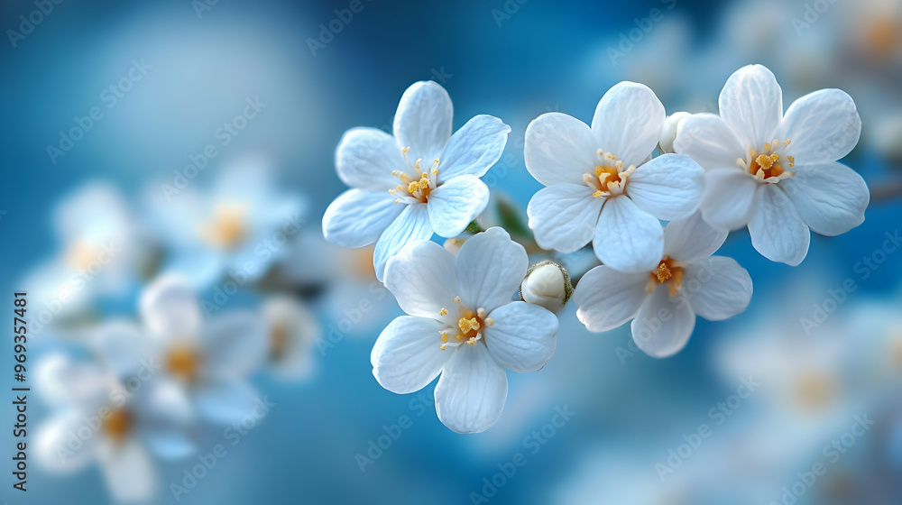 Sticker A close-up of delicate white flowers against a soft blue background.