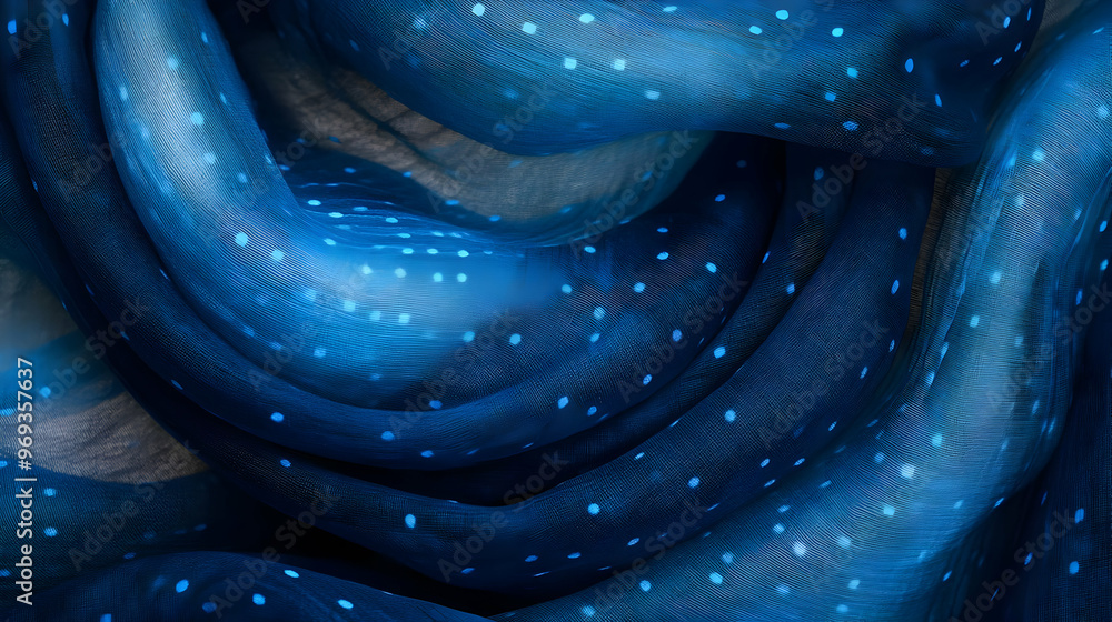 Poster a close-up of flowing blue fabric with dotted patterns, creating a textured visual effect.