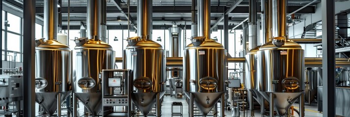 Fototapeta premium Rows of large stainless steel brewing tanks in a modern brewery.