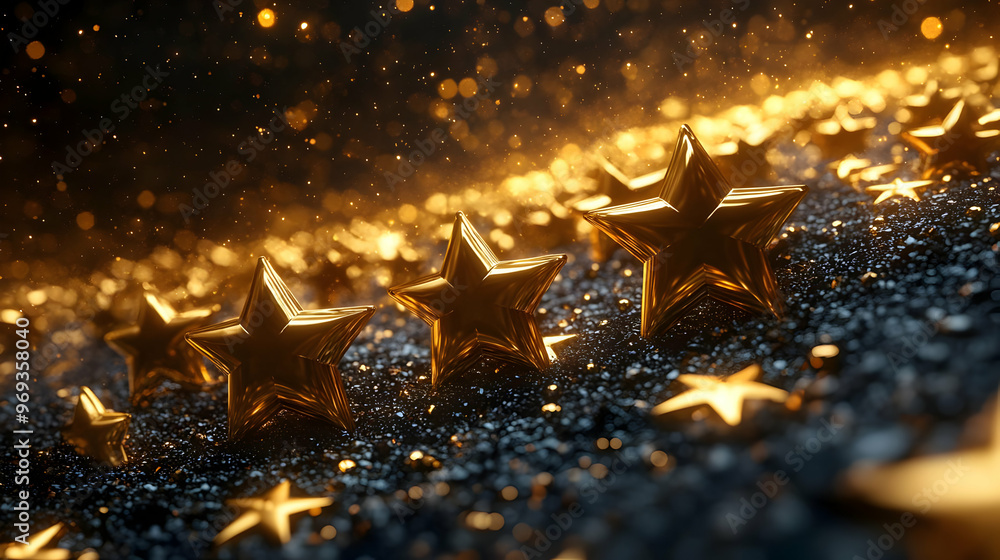 Poster a close-up of shiny golden stars on a textured surface with a sparkling background.