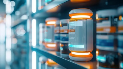 Obraz premium Futuristic product packaging on a shelf in a retail store.