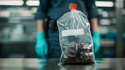 A police officer holds a clear plastic bag of evidence. The bag is labeled and sealed with a red tag.  The officer is wearing blue gloves.
