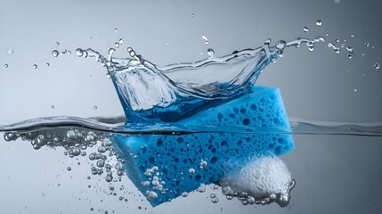 Blue Sponge with Water Splash   Cleaning and Hygiene Concept