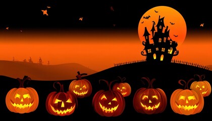 A spooky Halloween scene featuring carved pumpkins and a haunted house against an orange sky.