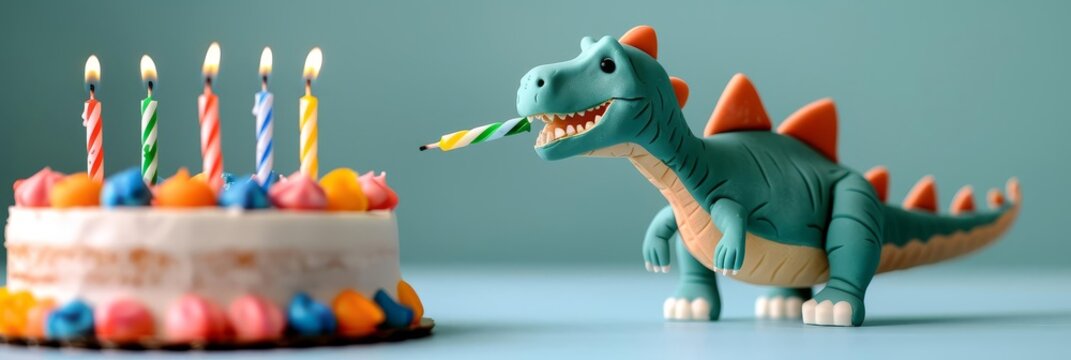Dinosaur toy blowing out candles on a birthday cake.