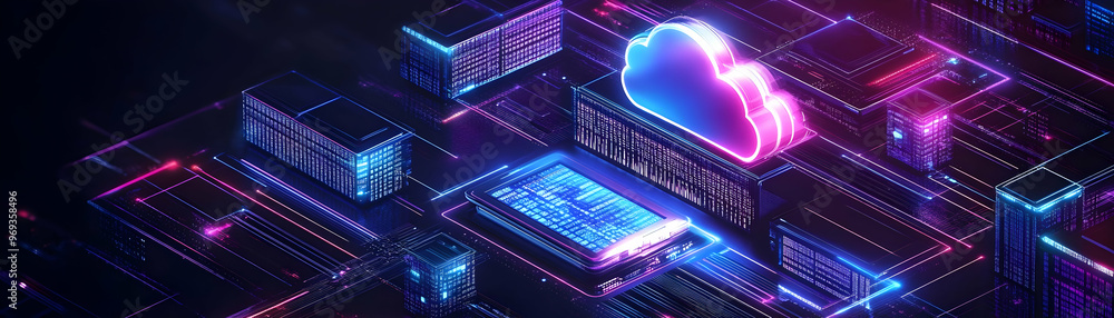 Poster 3d illustration - cloud computing network data center server storage technology digital transformati