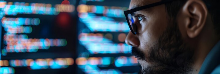 Closeup of a man in glasses, looking intently at a screen with blurred code.