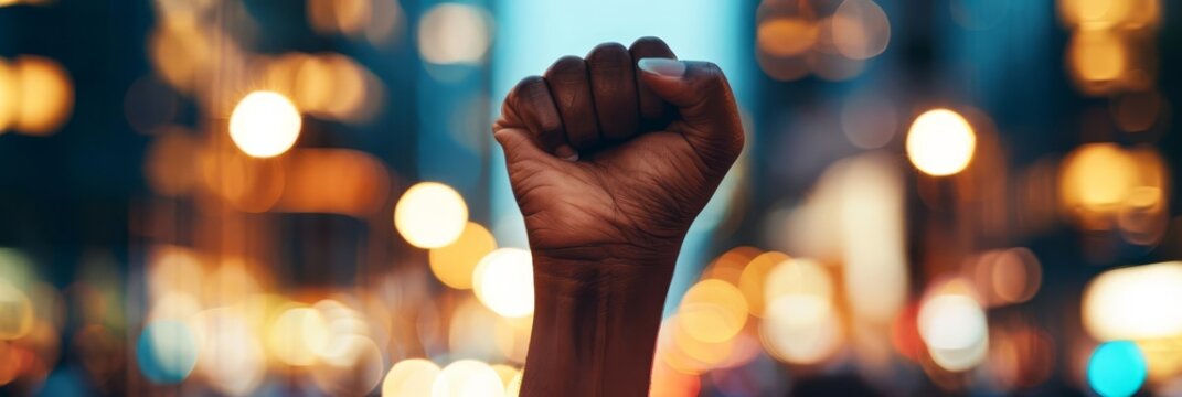 Close-up of a fist raised in the air during a protest.