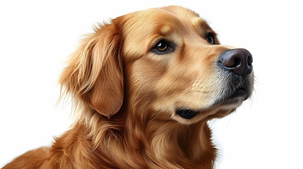 A close-up portrait of a golden retriever with a thoughtful expression.