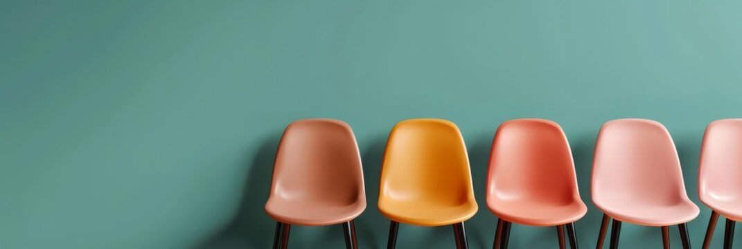 Four colorful chairs in a row against a teal wall.