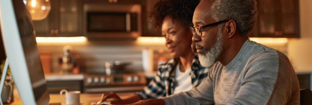 Senior couple working together on computer.