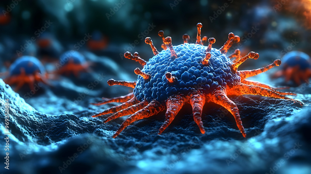 Poster a close-up view of a virus, showcasing its structure and details in a microscopic setting.