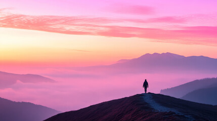 A person walking along a mountain ridge at sunrise, with the sky painted in shades of pink and orange