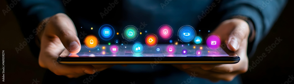 Poster digital technology photo: businessman using mobile phone with application software icons