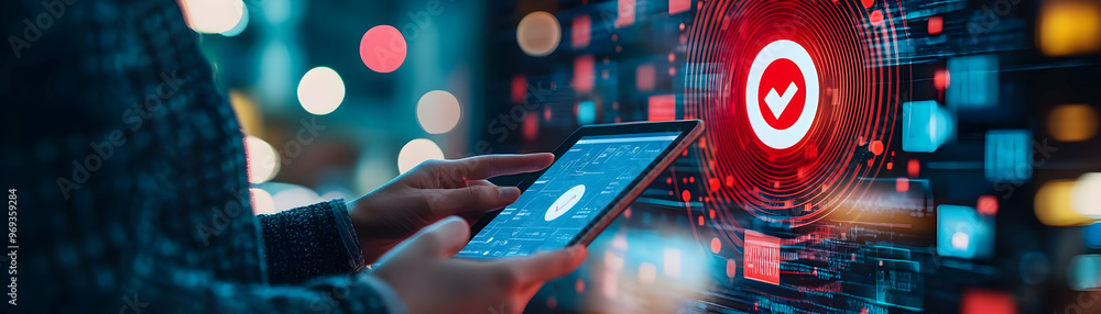 Poster illustration of cybersecurity system checkmark approval on tablet and digital interface