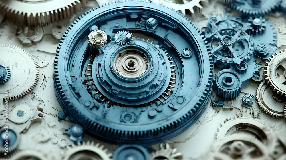 Poster a close-up view of intricate gears and cogs in a mechanical design.