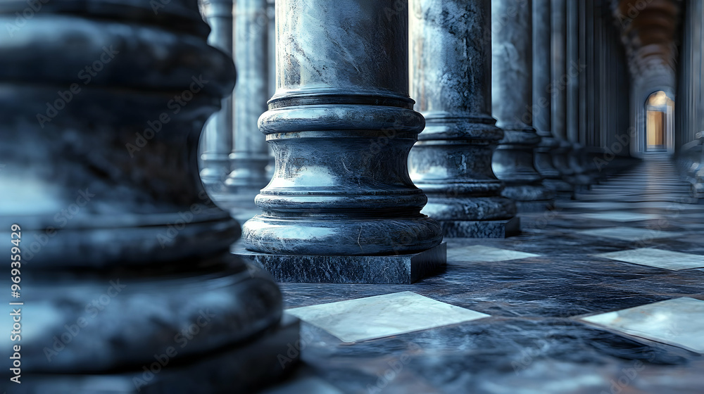 Poster a close-up view of marble columns and a patterned floor in a grand architectural space.
