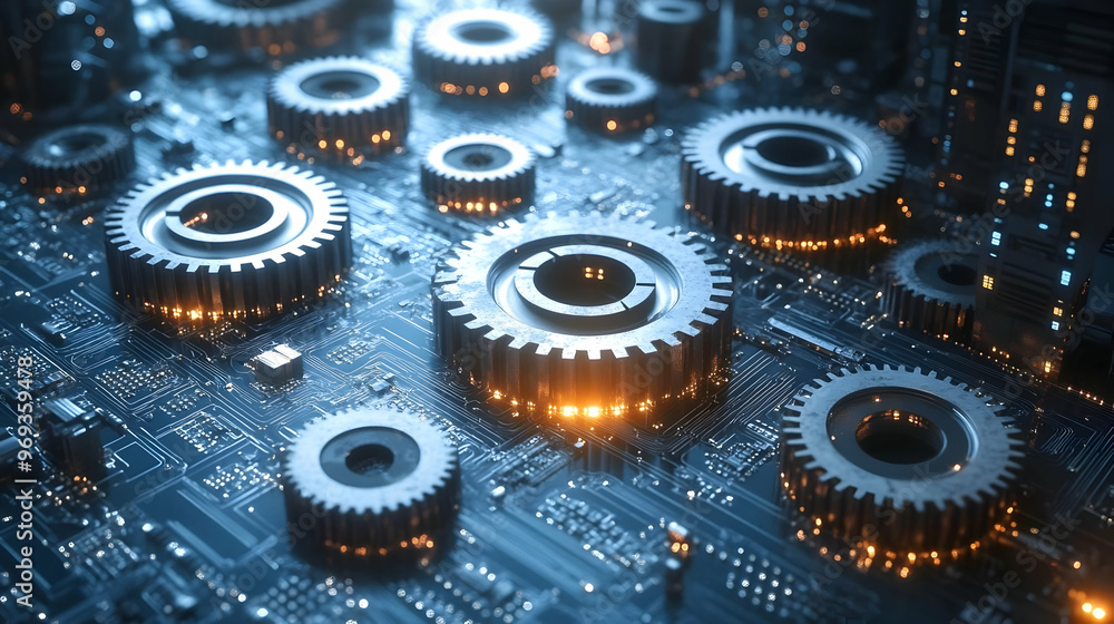 Poster a close-up view of mechanical gears on a circuit board, symbolizing technology and innovation.