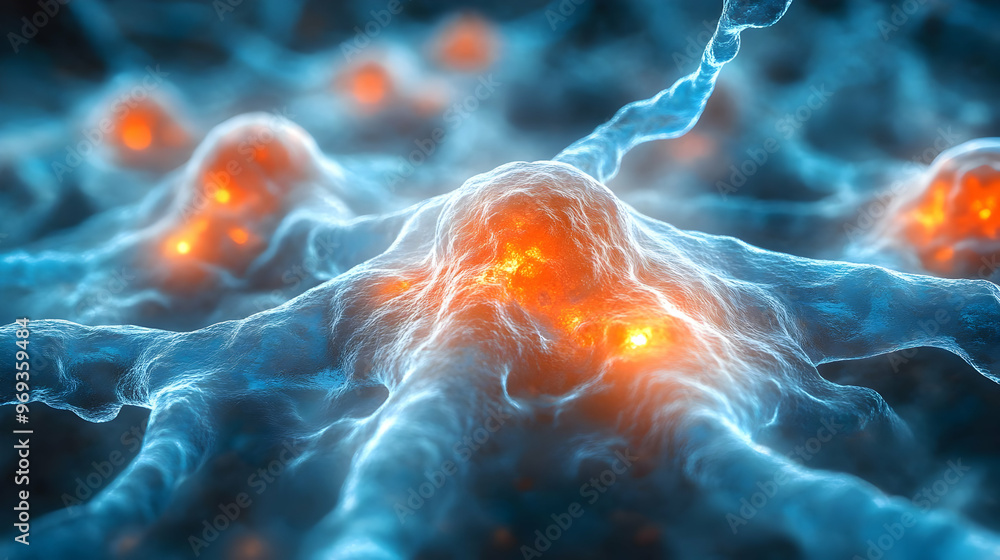 Poster a close-up view of neural cells with glowing connections, illustrating brain activity.
