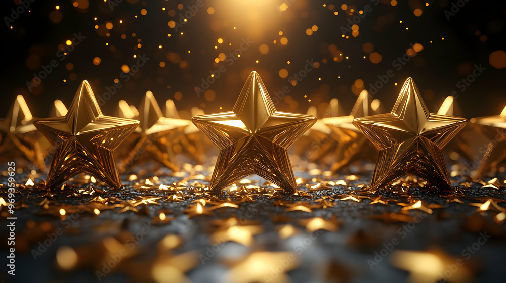 Poster a close-up view of shiny golden stars scattered on a surface, creating a festive atmosphere.