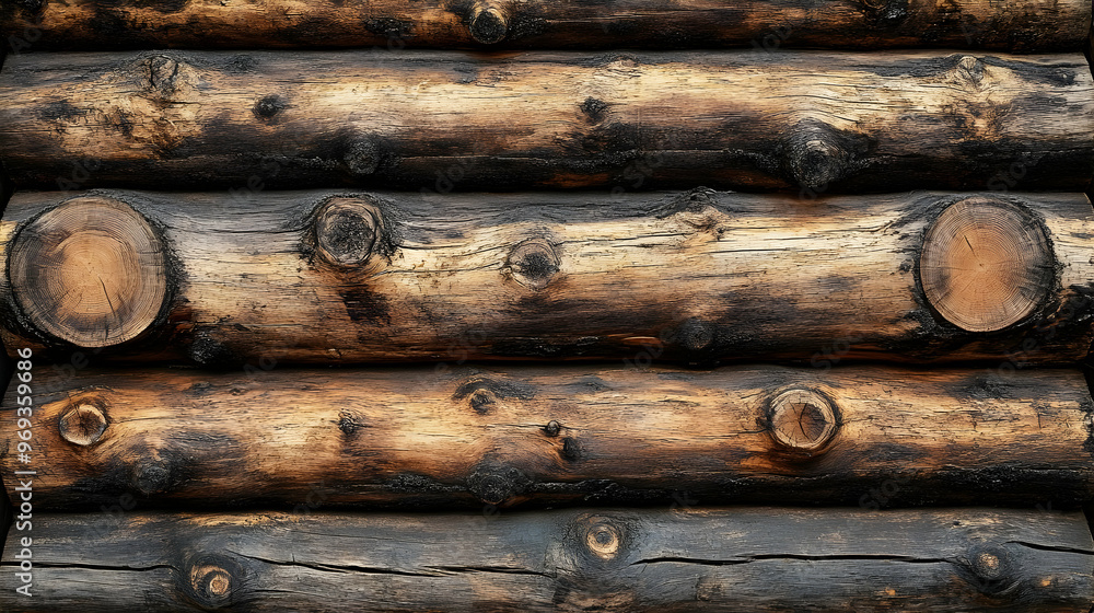 Poster a close-up view of stacked wooden logs with a rustic texture and color variations.