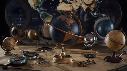 Antique Globes and Navigation Tools on a World Map