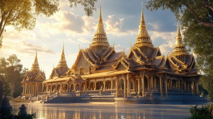Fototapeta premium Traditional temple with intricate carvings and golden spires, a symbol of cultural heritage.