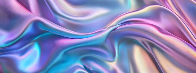 Fototapeta premium Iridescent silver, blue, and purple wavy cloth, shiny and glossy