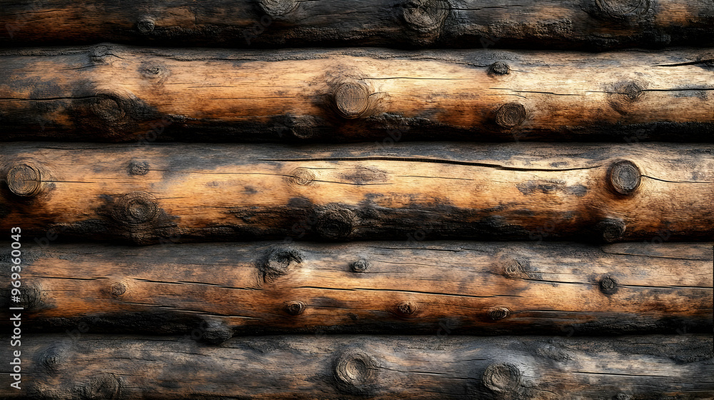Poster a close-up view of wooden logs arranged horizontally, showcasing texture and color variations.