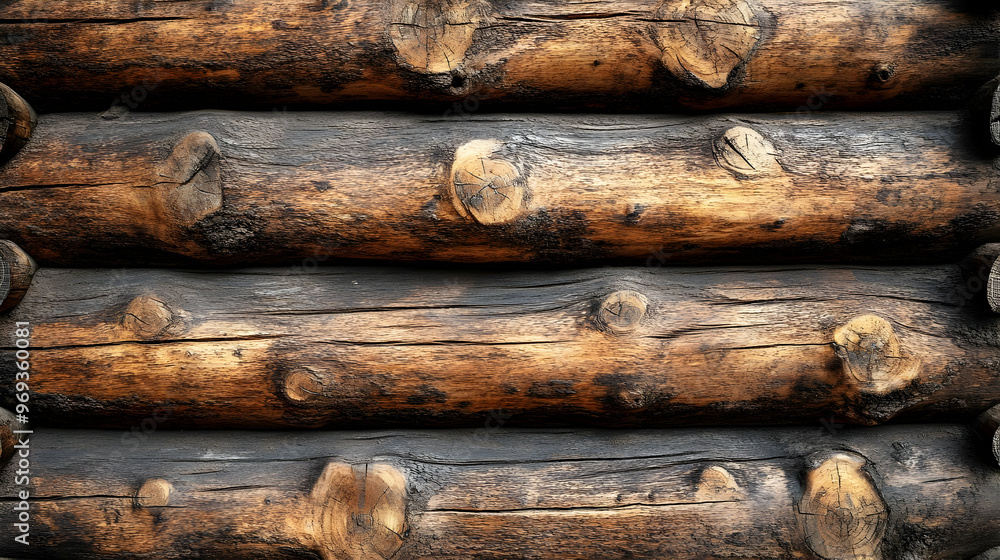 Poster a close-up view of wooden logs arranged horizontally, showcasing texture and natural patterns.