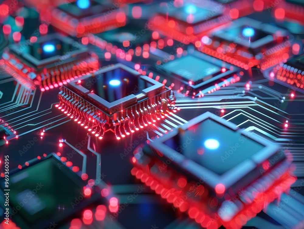 Poster close-up of a modern microchip with glowing lights and circuit patterns, representing technology and