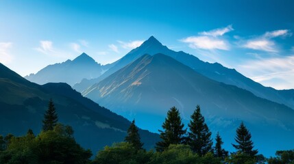 Majestic mountain range with lush greenery under a clear blue sky.