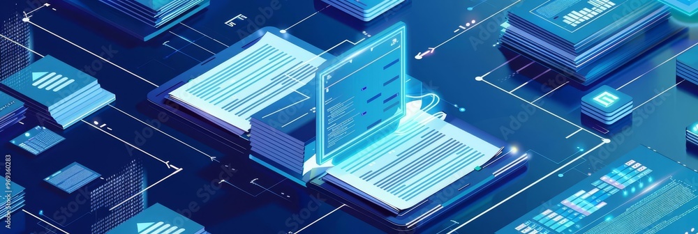 Aufkleber dive into a vibrant digital future with an aerial view of open laptops and glowing data stacks. stri