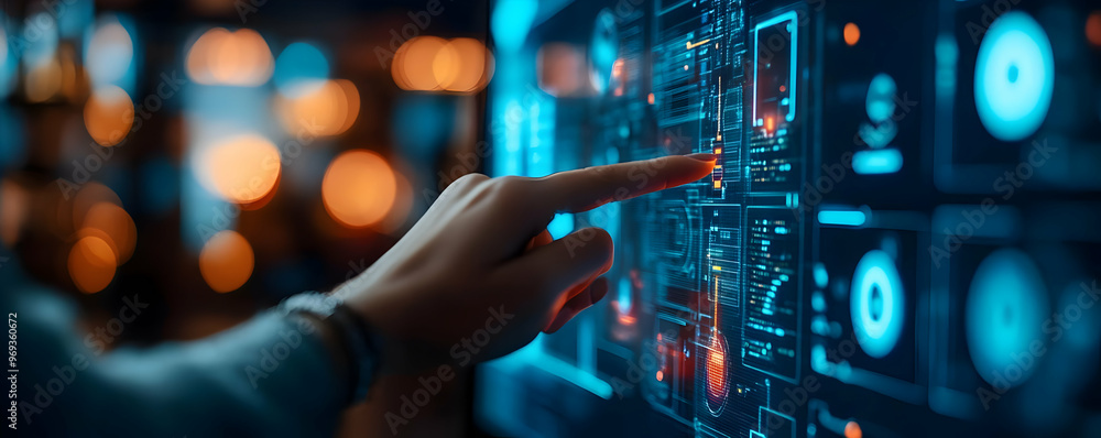 Poster interactive data visualization technology illustration: person navigating futuristic digital interfa