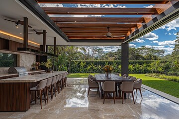 Fototapeta premium There is a beautiful terrace lounge with a pergola and a wooden table and chairs on it