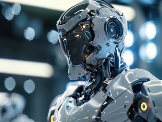 Futuristic robot design with intricate details, showcasing advanced technology and a sleek metallic appearance.